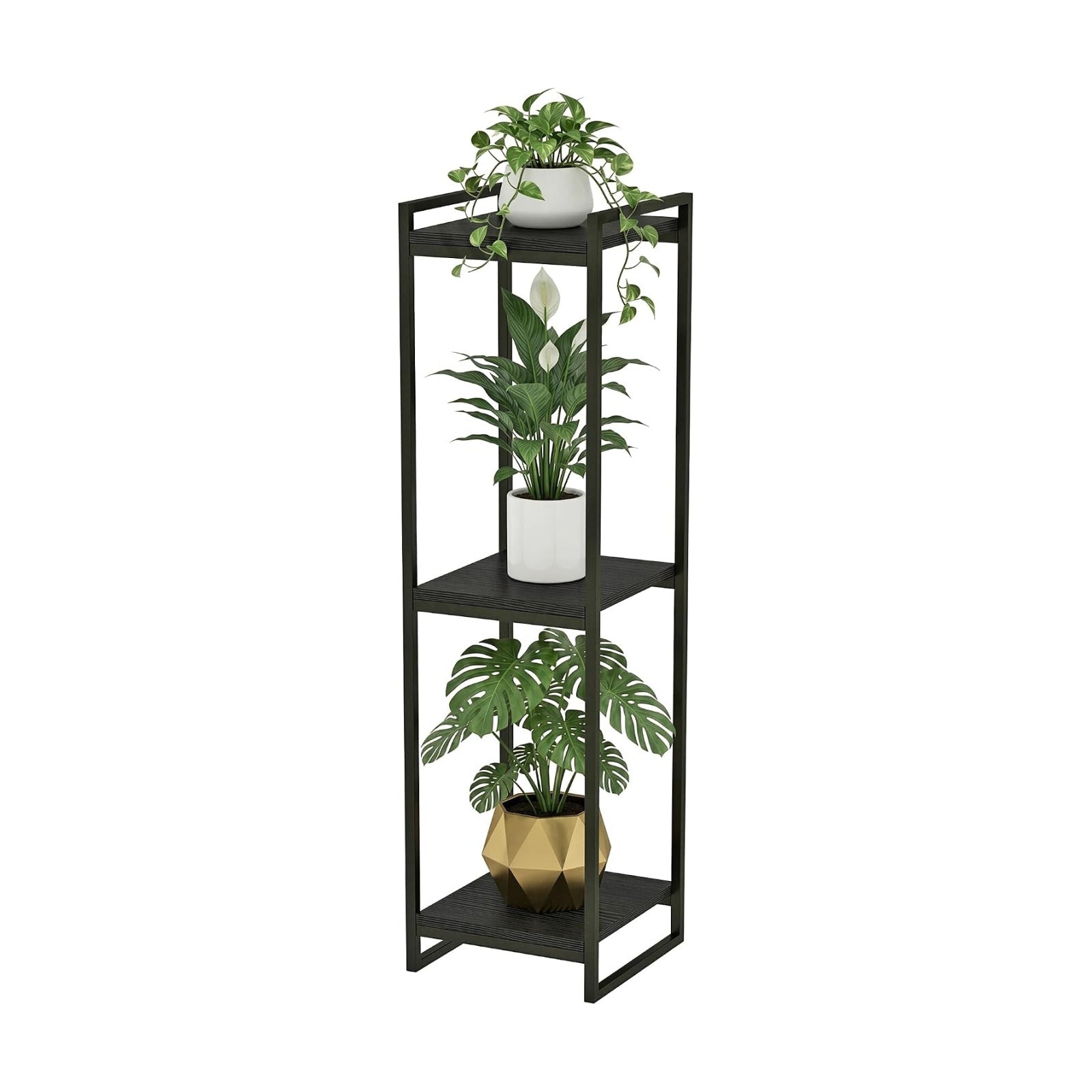 45" Tall Indoor Plant Stand, 3-Tier Flower Pot Rack, Black | Modern Minimalist Look, Wood Finish, for Living Room