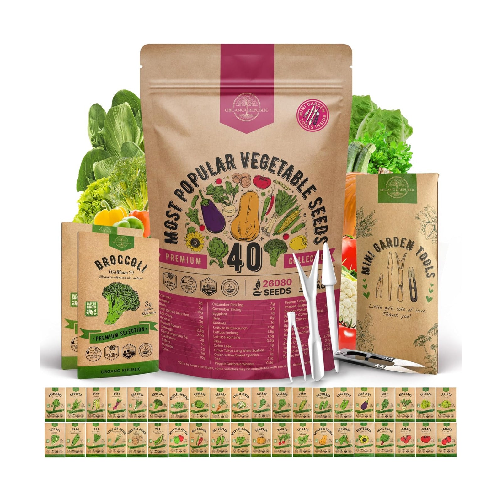 40 Vegetable Seeds Variety Pack - 26000 Non GMO Heirloom Seeds for Planting Vegetables & Fruits in Bulk Individual Seed