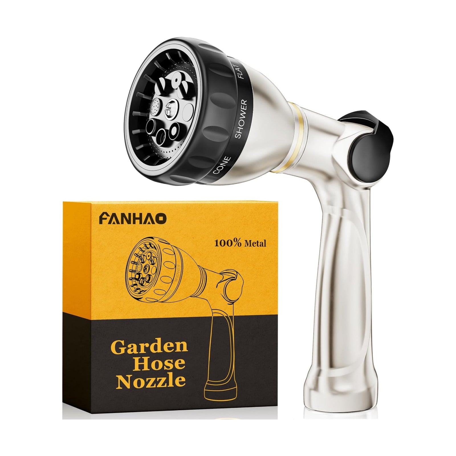 FANHAO Metal Thumb Control Garden Hose Nozzle Heavy Duty, 8 Spray Patterns | Rustproof Zinc Alloy Water Hose Sprayer