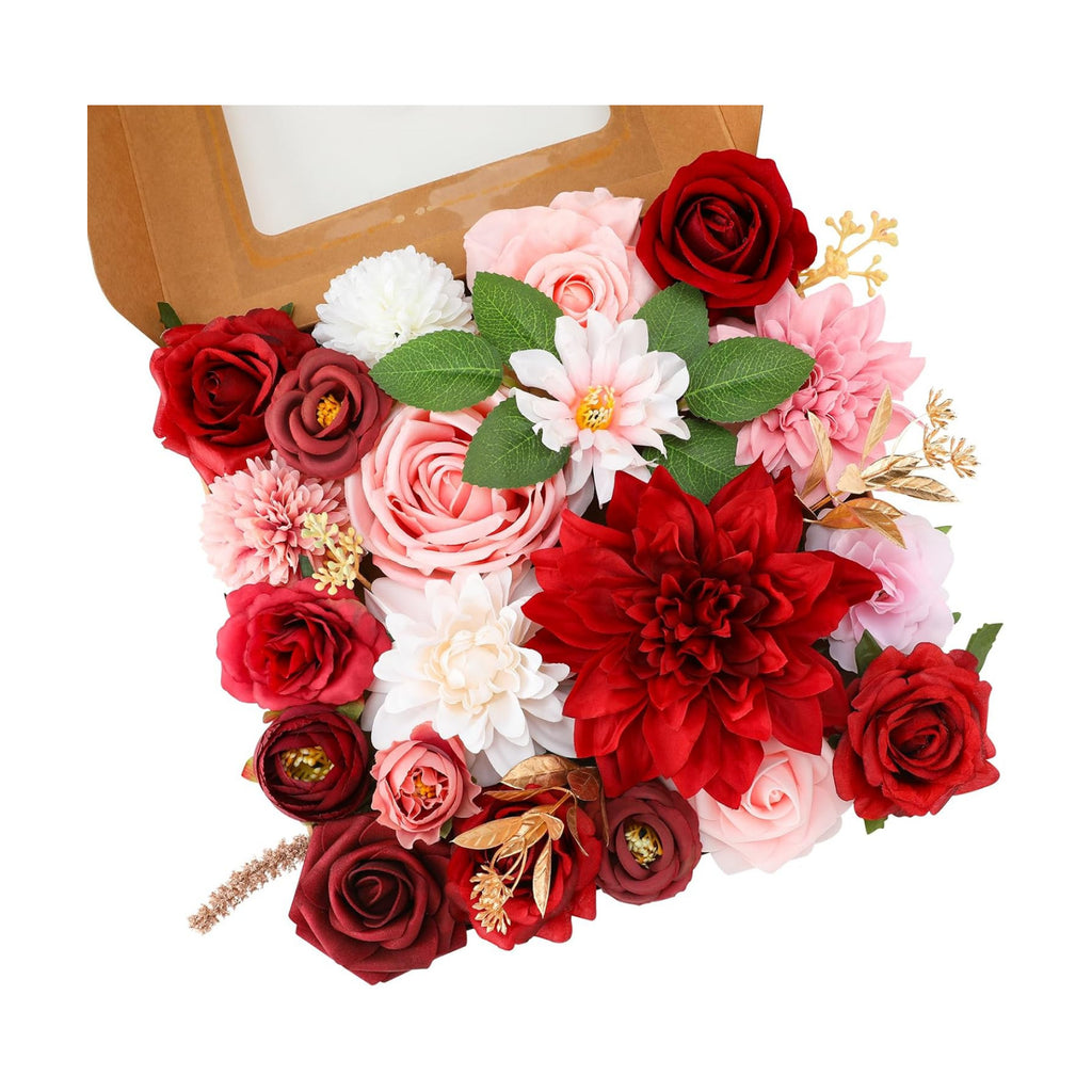 Floweroyal Artificial Flowers Combo Red Flowers Mix Silk Flowers Dahlia Roses with Stems for DIY Wedding Bridal Bouquets, Baby Shower, Floral Arrangement, Table Centerpieces, Home Decorations.