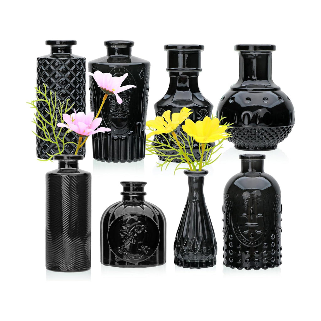 Black Flower Vase Set, Glass Bud Vase in Bulk Set of 8,Artistic and Cultural Flavor Mini Vases for Home Office Decor, Bedroom, Office, Living Room Decorations,Wedding