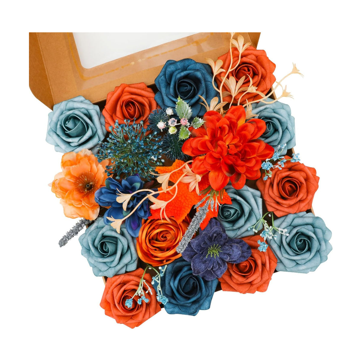 Floweroyal Artificial Flowers Combo Orange Flowers Mix Silk Flowers Dahlia Roses with Stems for DIY Wedding Bridal Bouquets, Baby Shower, Floral Arrangement, Table Centerpieces, Home Decorations.
