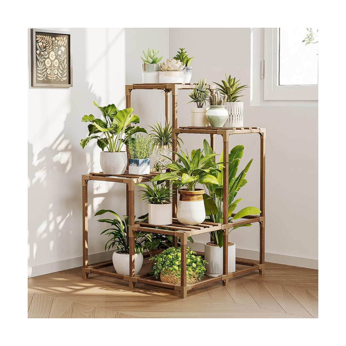 Bamworld Corner Plant Stand Indoor Outdoor Plant Shelf Small Plant Table