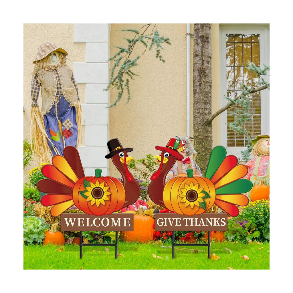 JarThenaAMCS 2 Pack Thanksgiving Fall Metal Garden Stakes Decorations Turkey Pumpkin Welcome Yard Sign for Autumn Harvest Outdoor Lawn Patio Walkway
