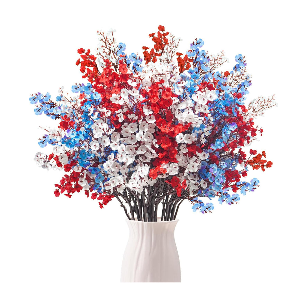 Uieke 15 Pcs 4th of July Artificial Flowers Fake Patriotic Babys Breath Flowers for Independence Day Decor Blue White Red Silk Flowers for Memorial Day Floral Arrangement Home Wedding