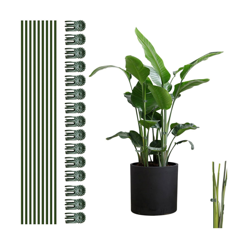 10pcs Green Plant Support Stakes with 15pcs Clips, Bendable Stakes for Tall Plants, Indoor & Outdoor Use