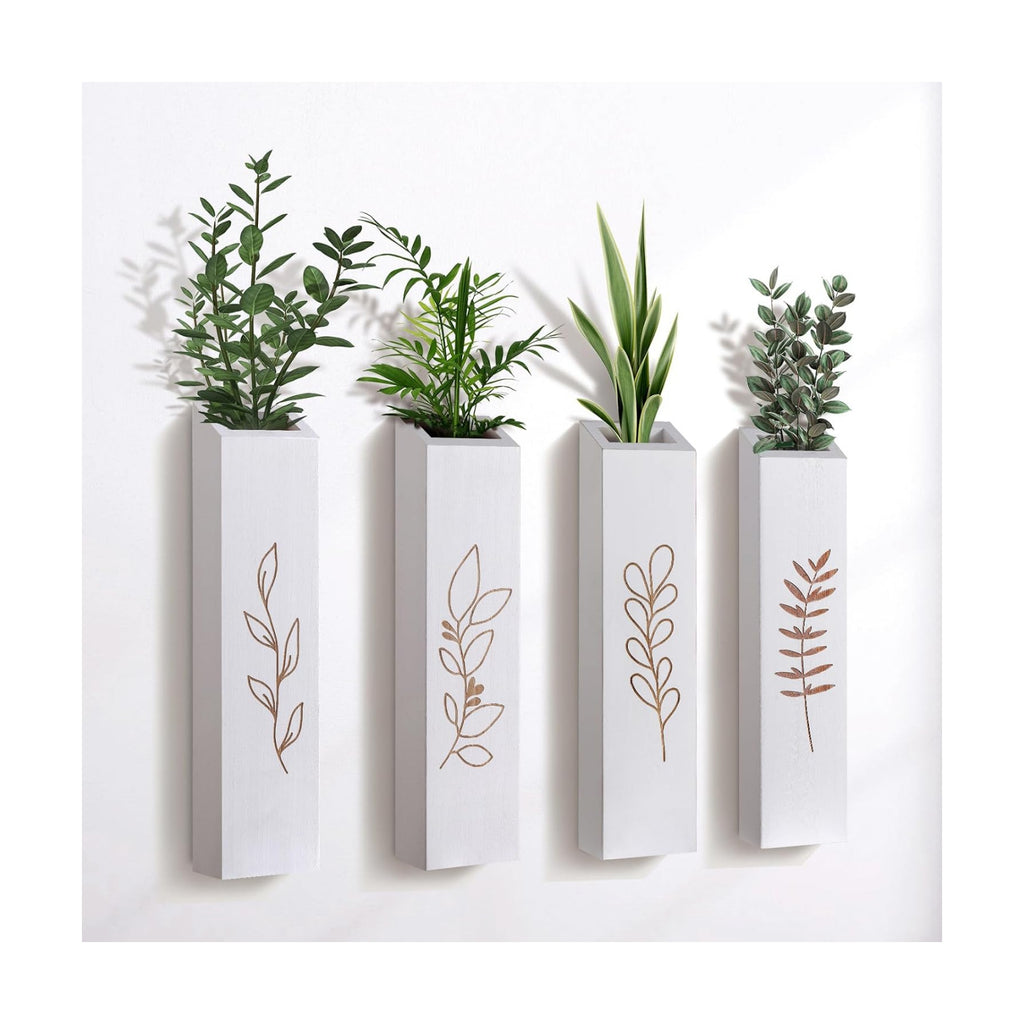 Wooden Wall Vase Planter Set of 4 | White Finish Farmhouse & Boho Wall Decor for Entryway, Hallway, Bathroom, Living