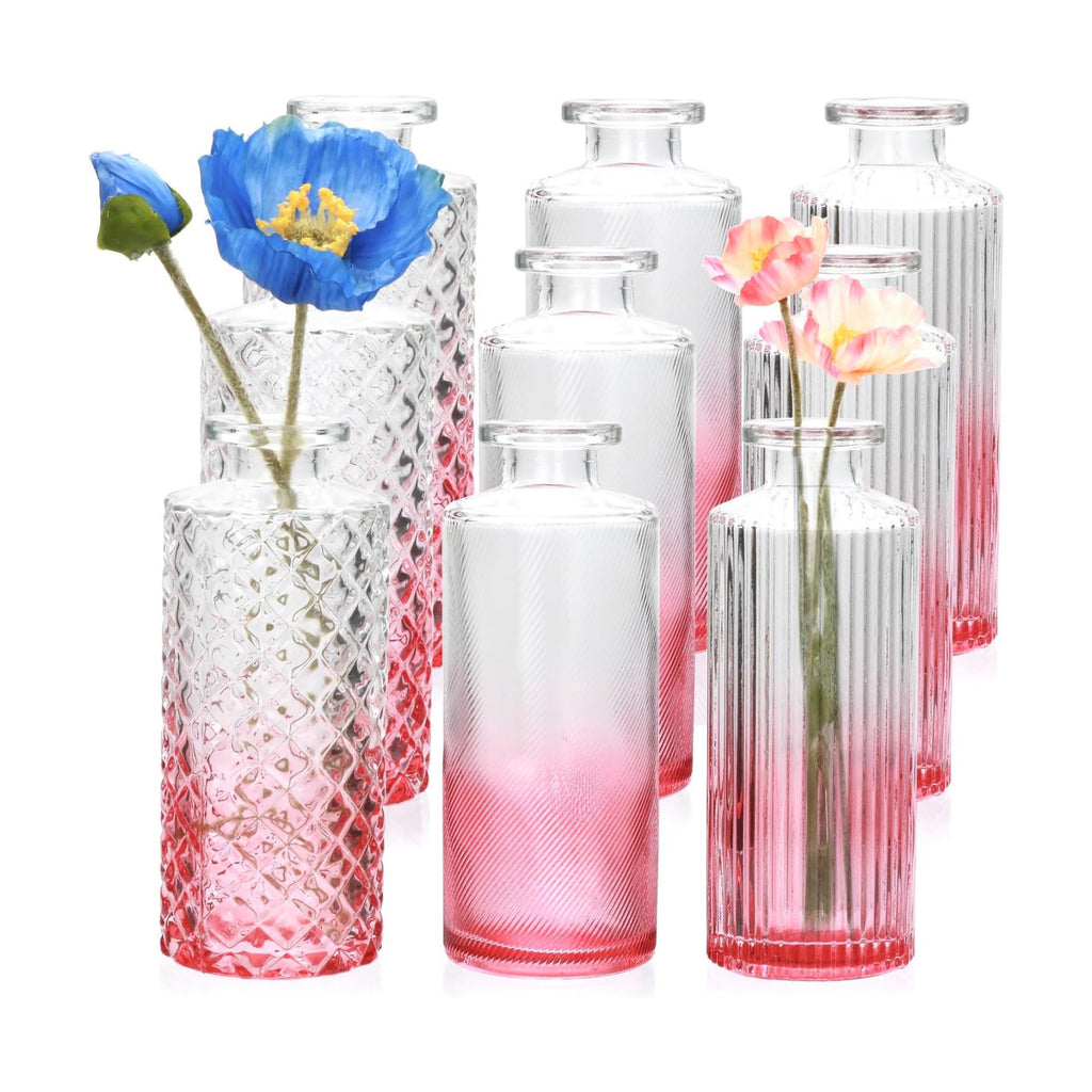 Pink Glass Bud Vase Set in Bulk, 9pcs Mini Vintage Flower Vases