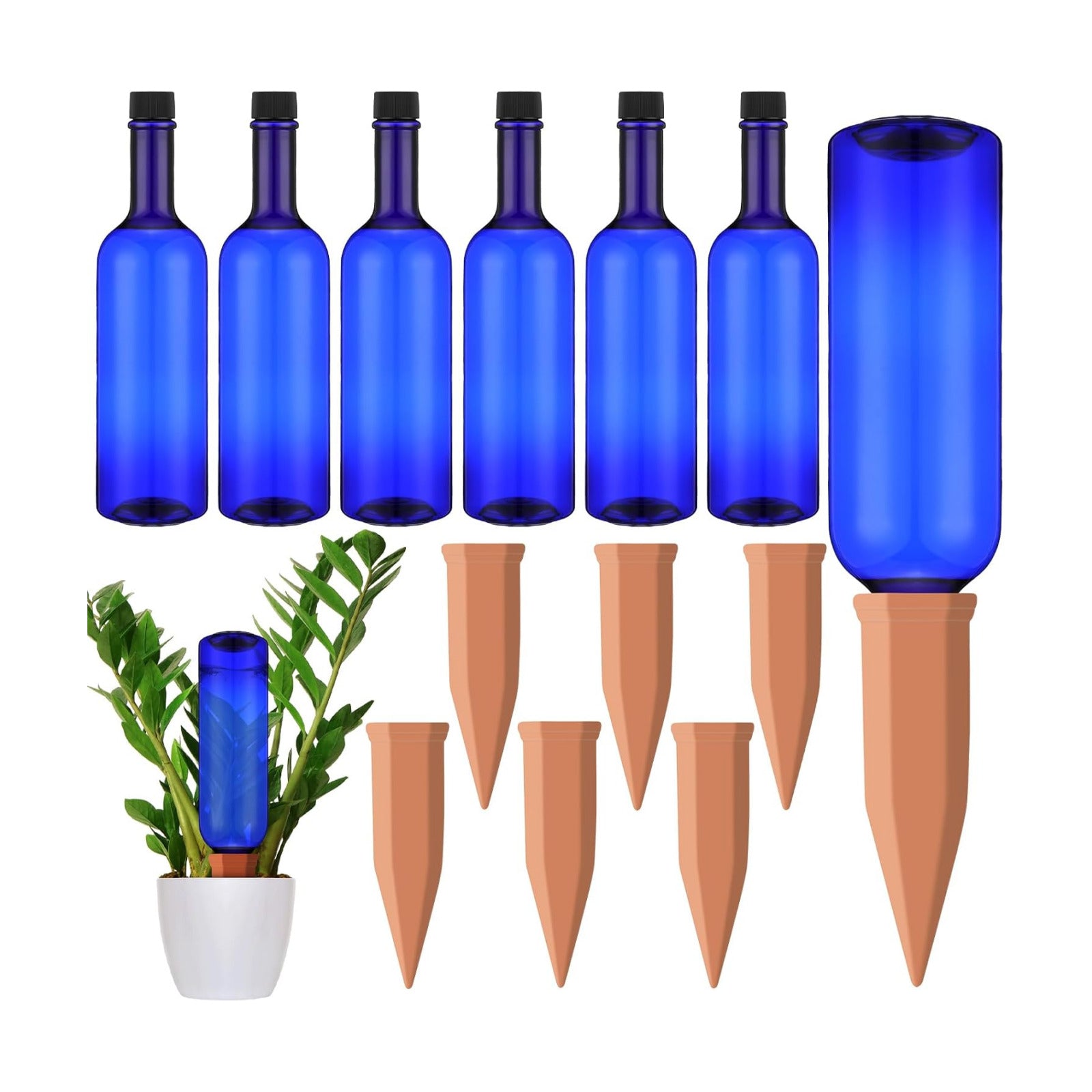 SiliFine 6 Sets Terracotta Watering Spikes,Dark Blue and Terracotta | 26 oz Bottles for Slow Release Watering, Self
