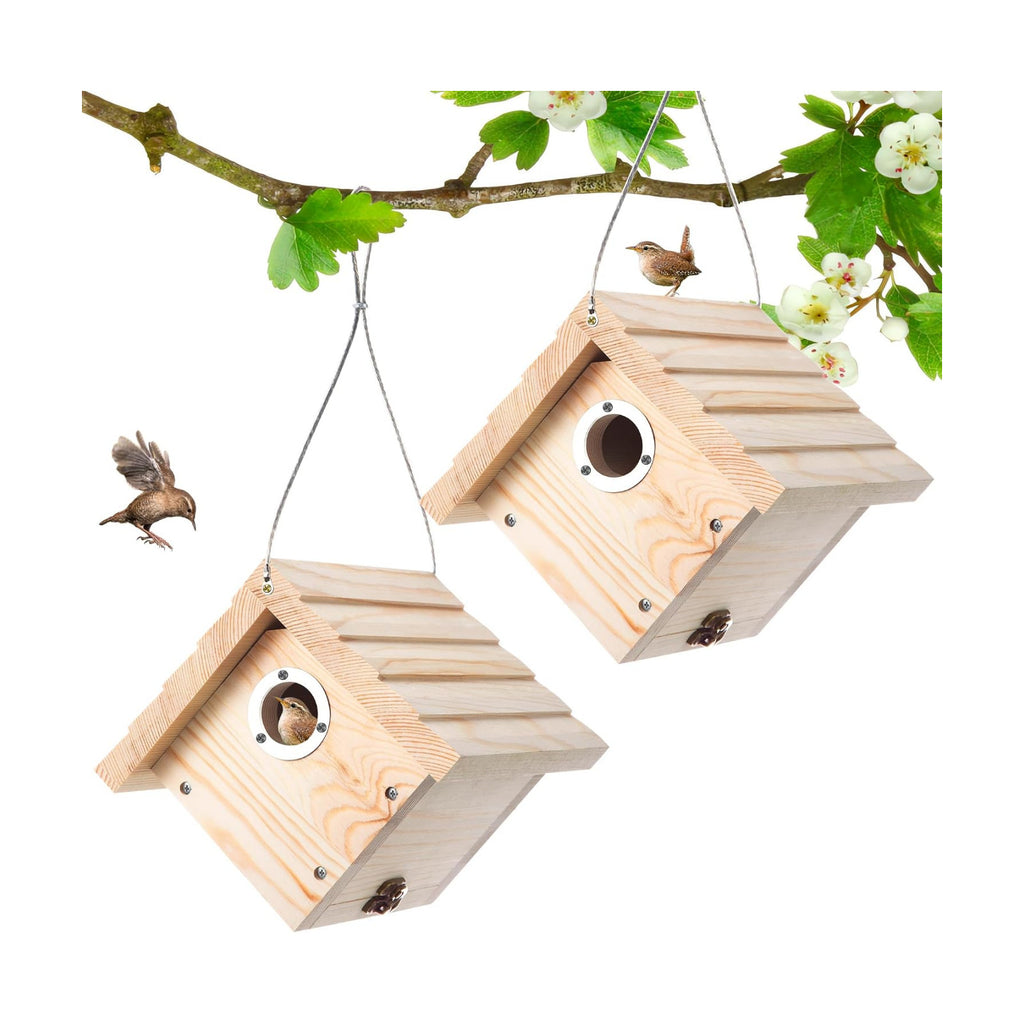 Dreyoo 2 Pack Wren House, 1-1/8'' Entrance Hole Hanging Wooden Wren Bird Houses for Outside with Metal Guard, Air