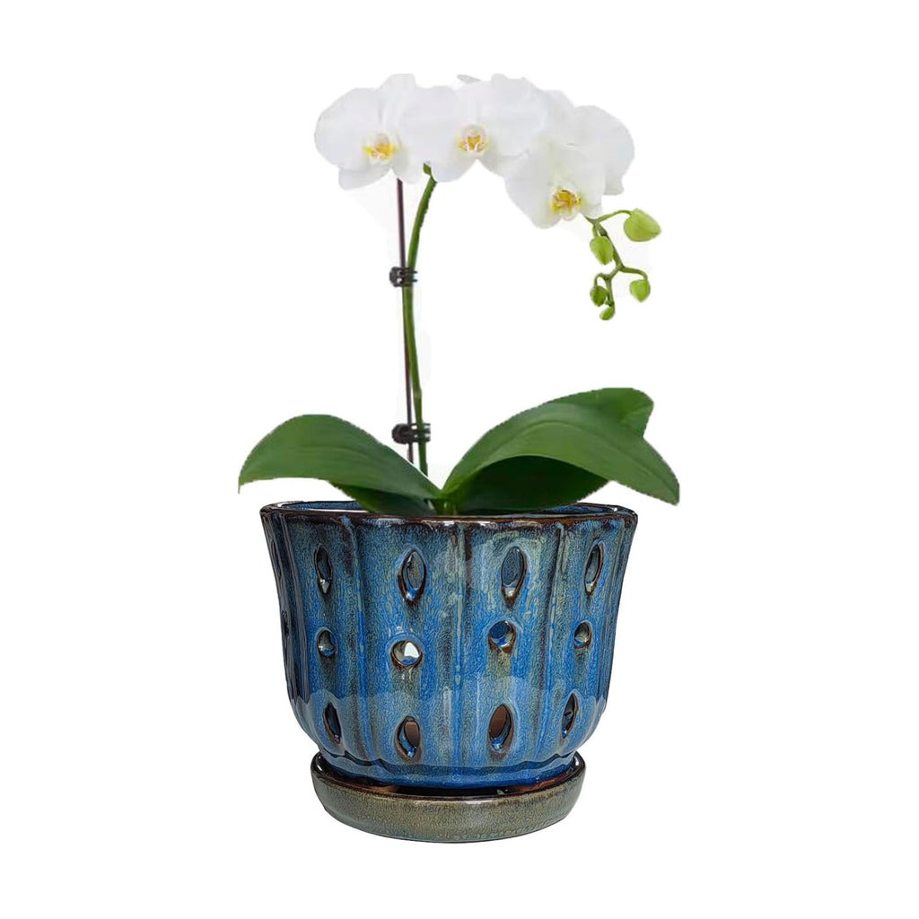 6 inch Round Ceramic Orchid Pot with Holes Orchid Planter (Dark Blue)
