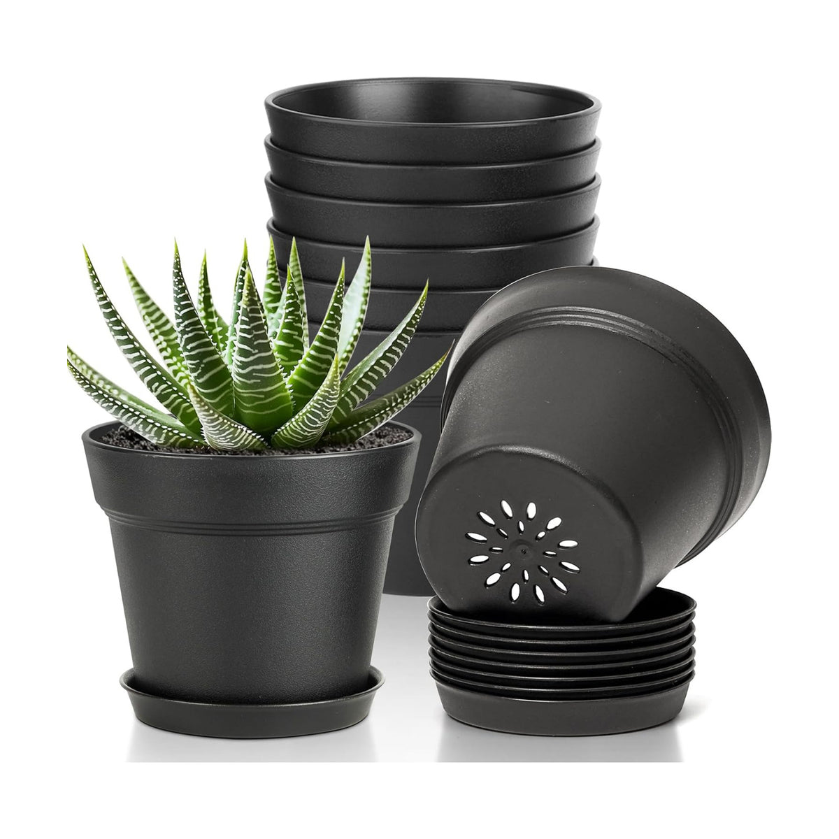 T4U Small Plant Pots 5 Inch 8 Pack, Plastic Indoor Flower Pots Saucer Black