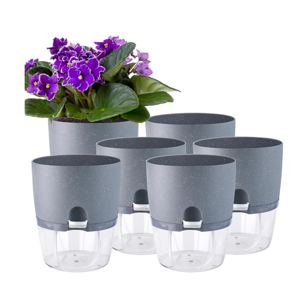 6" Self Watering Pots for Indoor Plants, 6pk Grey w/Drainage Saucers | w/ 1 Free Spray Bottle, Plastic Planters for