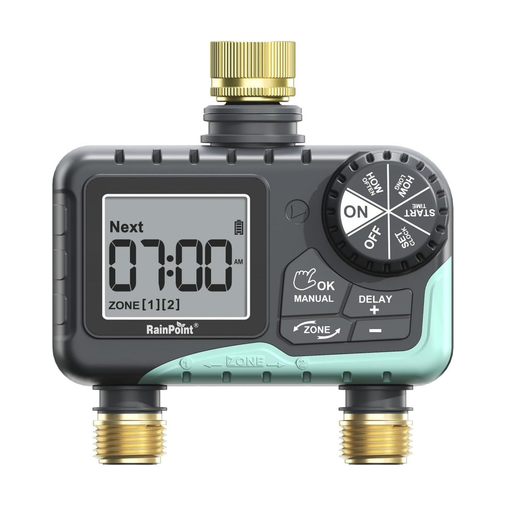 RAINPOINT 2 Zone Sprinkler Timer with Brass Inlet and Outlet - Water Timer for Garden Hose with Rain Delay/Manual