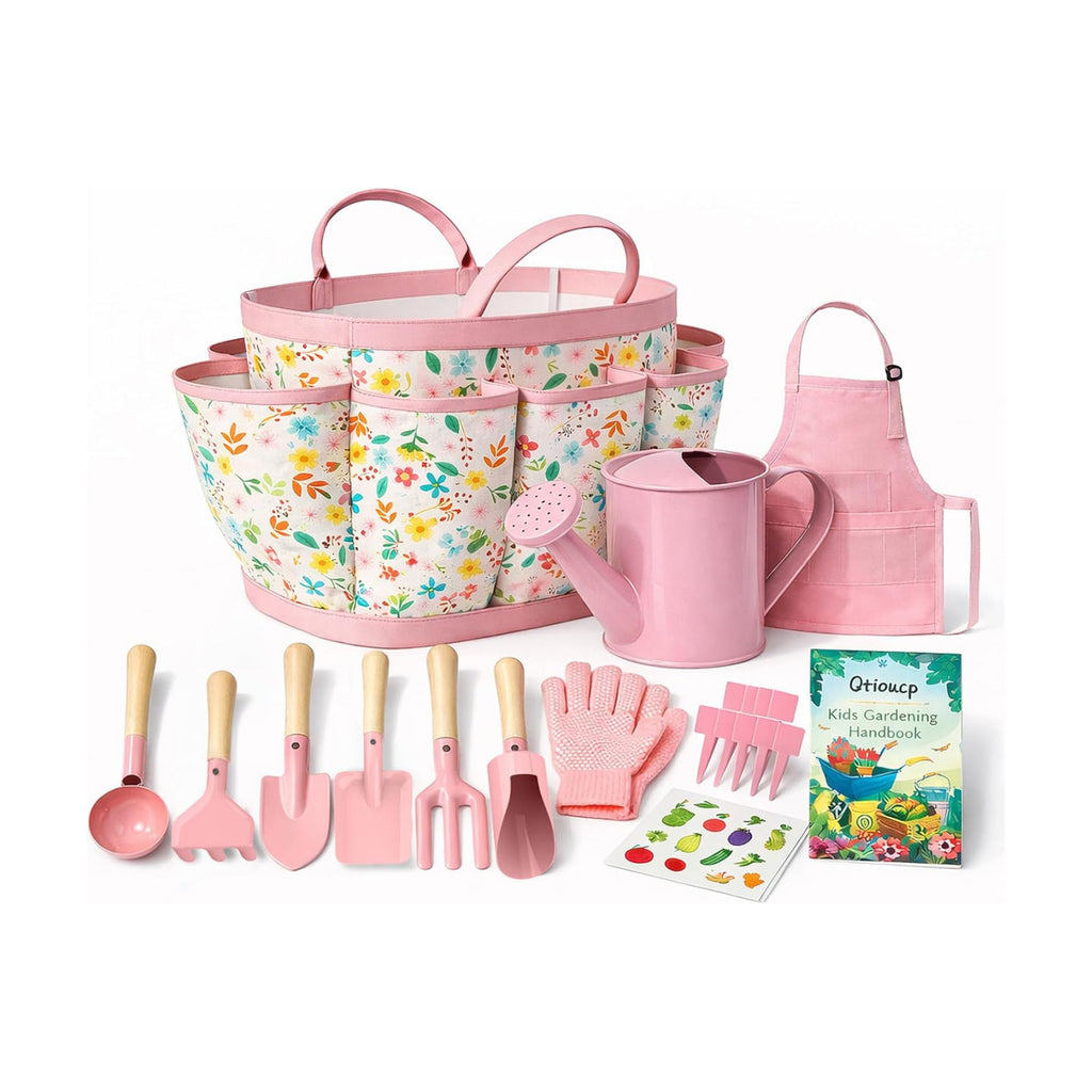 Qtioucp Kids Gardening Set 14Pcs Garden Tools with Tote Bag,Watering Can, Shovel, Apron, Garden Book and More