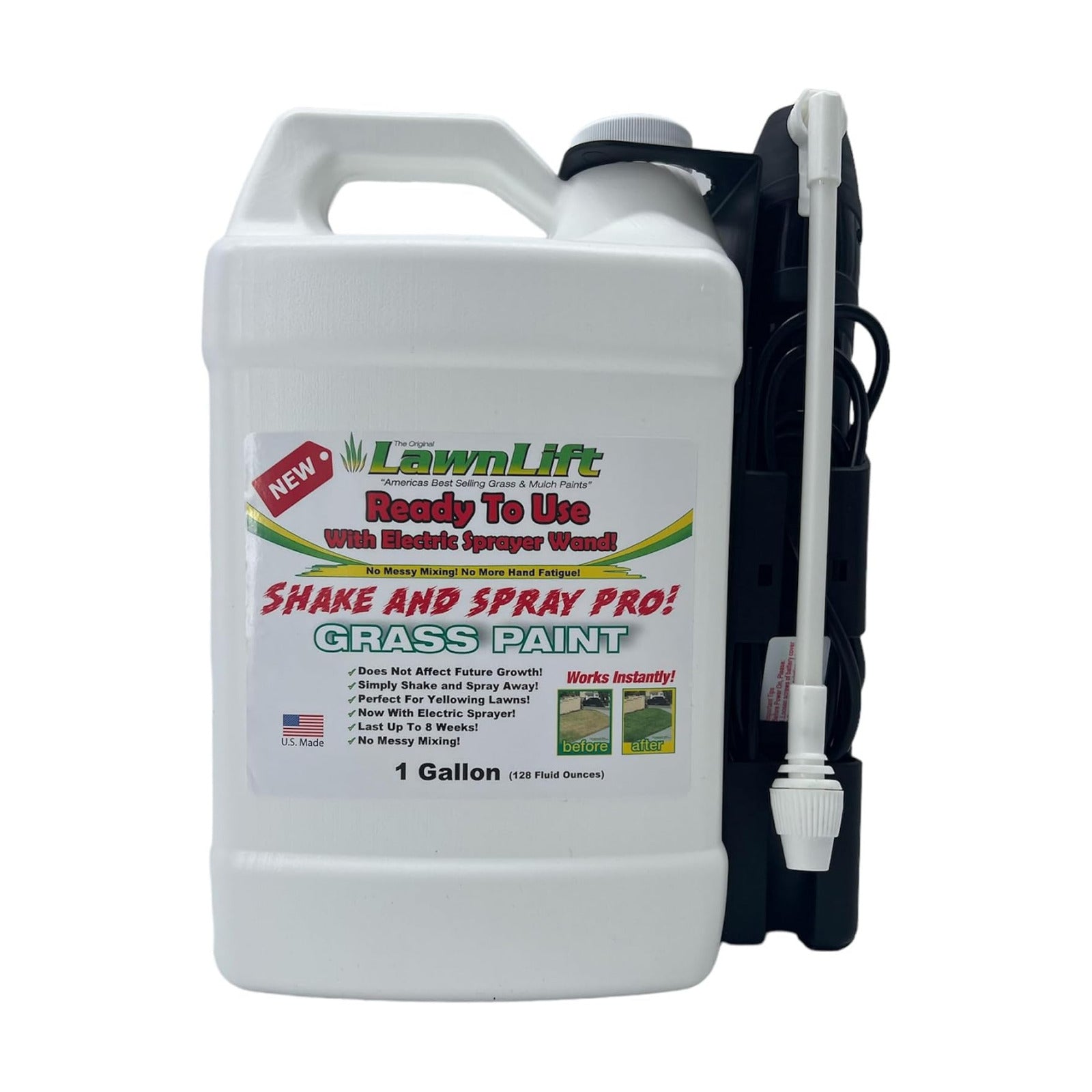 1-gallon ready to use grass paint, shake and spray pro with electric sprayer wand. No more messy mixing. Instantly