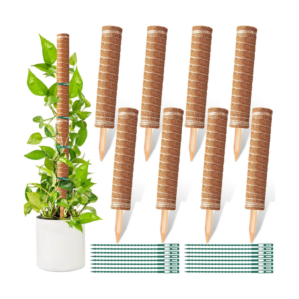 Coir Moss Poles for Climbing Plants, 8 Pcs 12'' Coir Moss Totem Stick | with 16 Pcs Adjustable Plant Ties, For Creepers