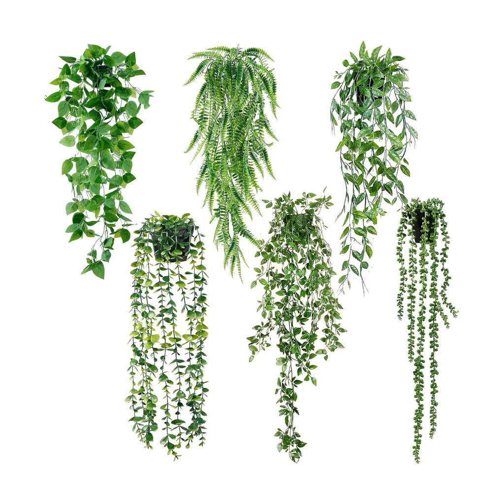 Sggvecsy Fake Hanging Plants 6 Pack Artificial Hanging Eucalyptus Plants Potted Greenery Faux Mandala Vine String of