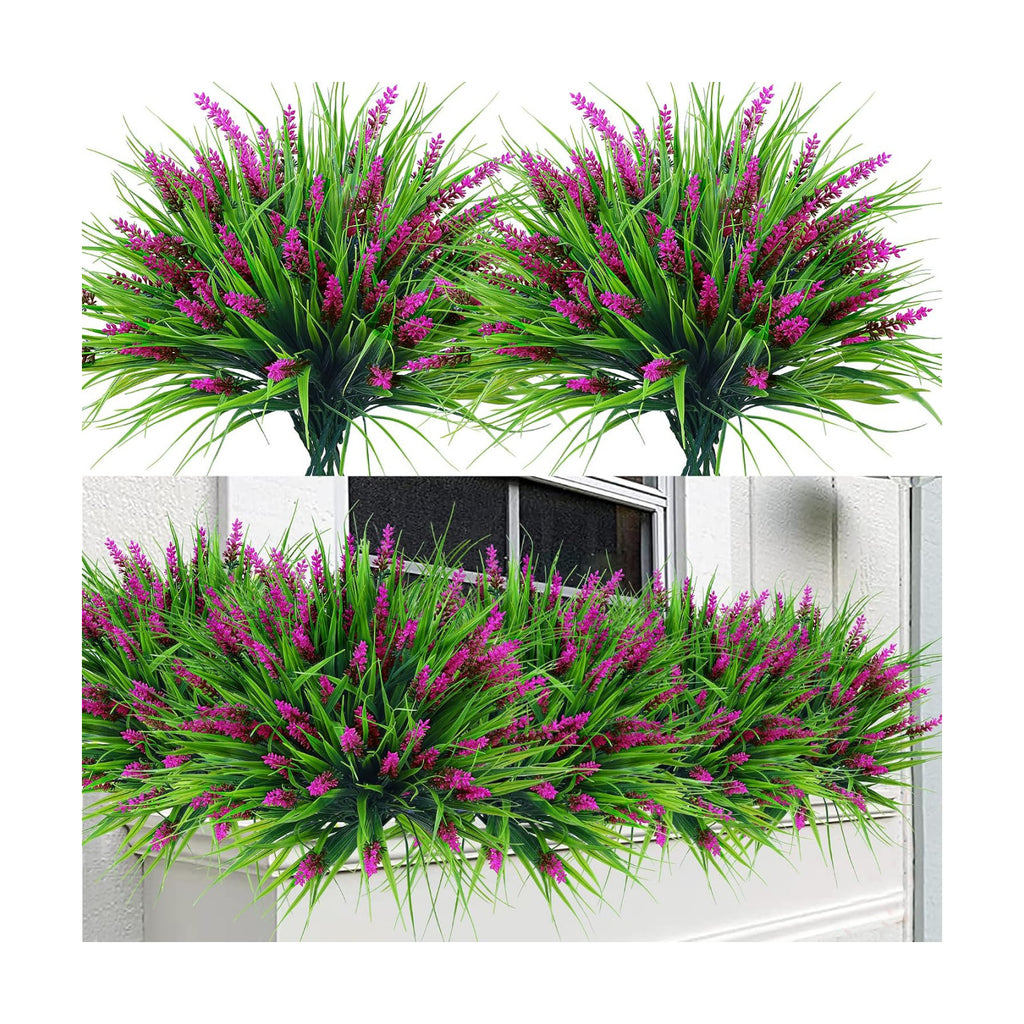 Sggvecsy 12 Bundles Artificial Plants Outdoor Faux Lavender Flowers Fake Monkey Grass UV Resistant Plastic Greenery Plants for Garden Home Porch Window Patio Hanging Planter Indoor Decor (Magenta)