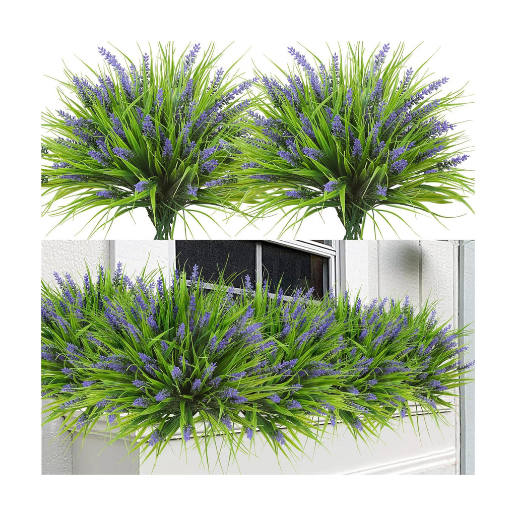 Sggvecsy 12 Bundles Artificial Plants Outdoor Faux Lavender Flowers Fake Monkey Grass UV Resistant Plastic Greenery Plants for Garden Home Porch Window Patio Hanging Planter Indoor Decor (Purple)