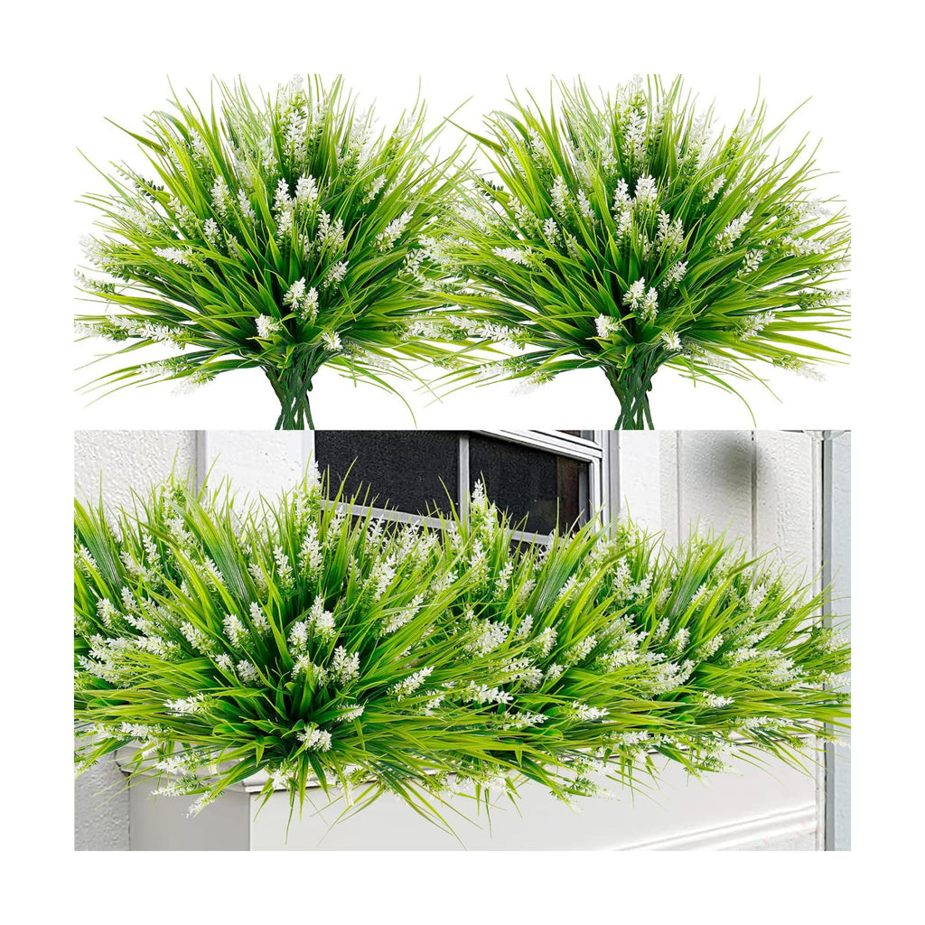 Sggvecsy 12 Bundles Artificial Plants Outdoor Faux Lavender Flowers Fake Monkey Grass UV Resistant Plastic Greenery Plants for Garden Home Porch Window Patio Hanging Planter Indoor Decor (White)
