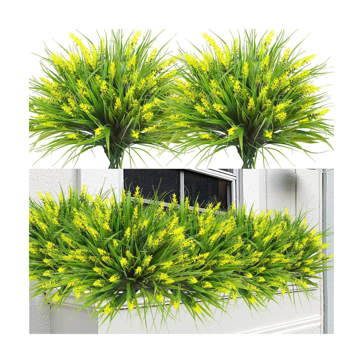 Sggvecsy 24 Bundles Artificial Plants Outdoor Faux Lavender Flowers Fake Monkey Grass UV Resistant Plastic Greenery Plants for Garden Home Porch Window Patio Hanging Planter Indoor Decor (Yellow)