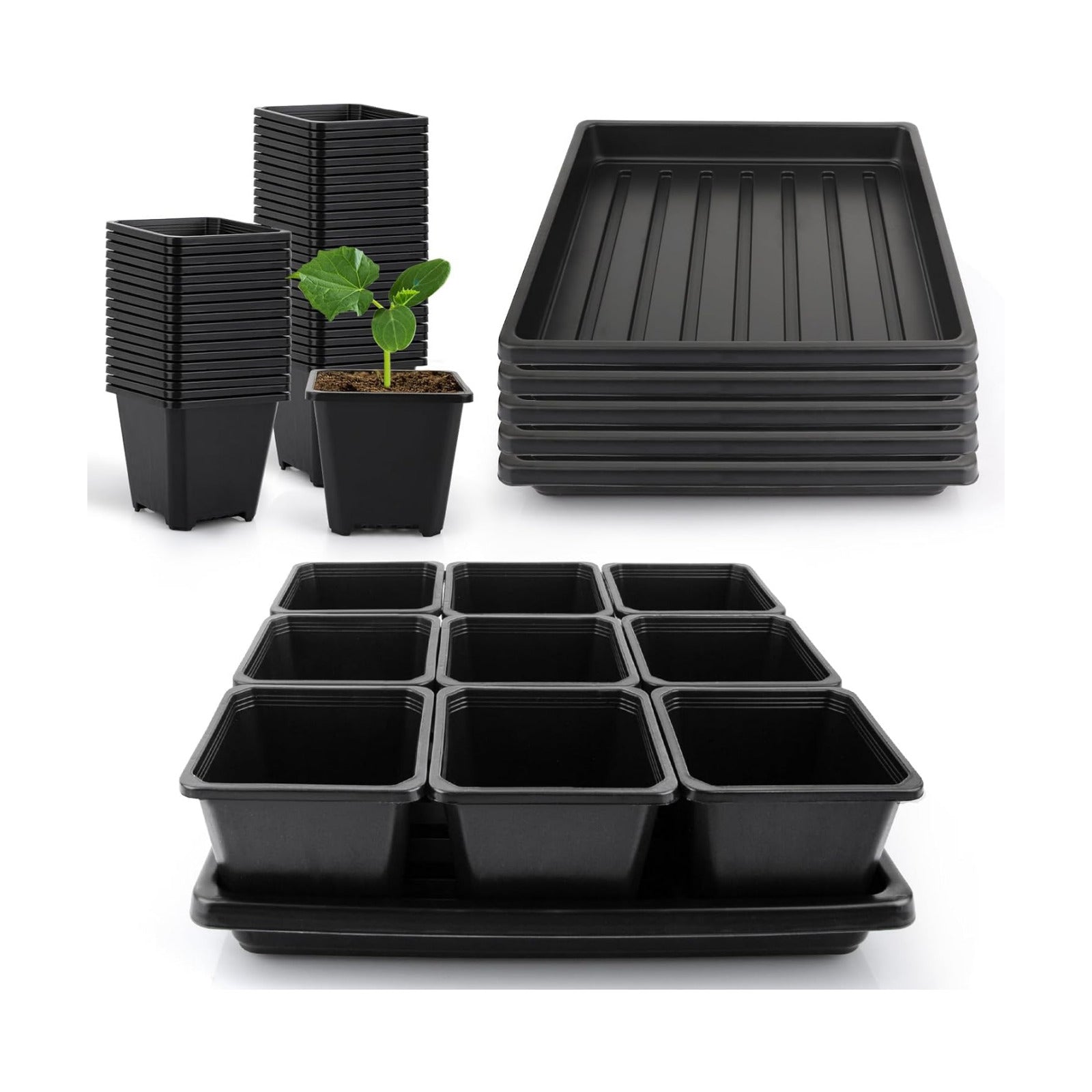50Pcs 3.5inch Square Nursery Pots with 5Pcs Seed Starting Trays, Seed Starter Tray Kit, Seeds Starting Germination