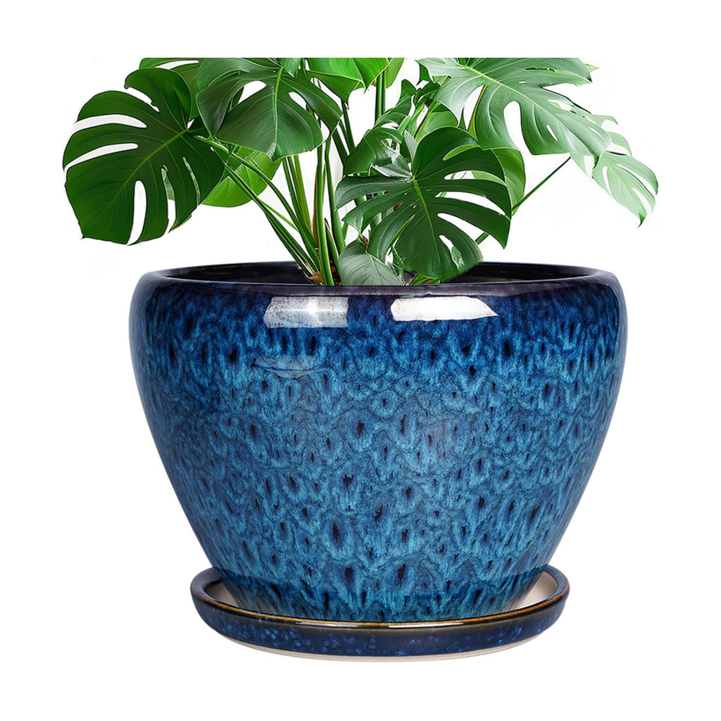 Ceramicfor 10 Inch Ceramic Planter Pot, Ceramic Plant Pot for Indoor Outdoor Plants, Large Flower Pot with Drainage Hole and Saucer, Blue