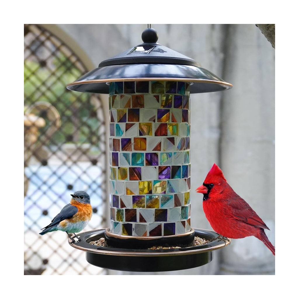 Solar Bird Feeder for Outdoor Hanging Mosaic Stained Glass, Sunset