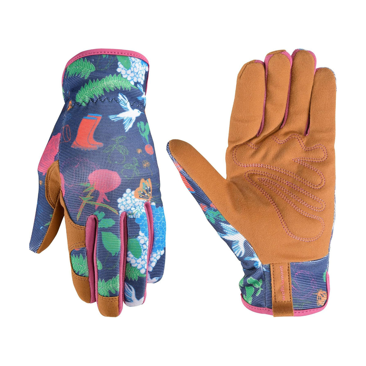 Wells Lamont Women's Garden Print Slip-On High Dexterity Work and Gardening Gloves, Navy, Large (7753L-990)