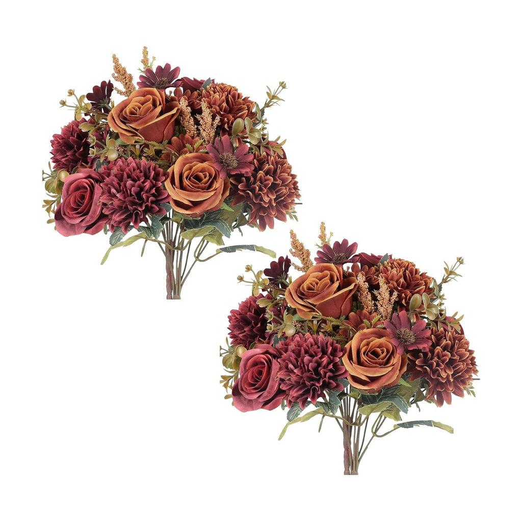 4 Pcs Fall Flowers Artificial Decoration, Silk Fall Bouquet Burgundy Orange