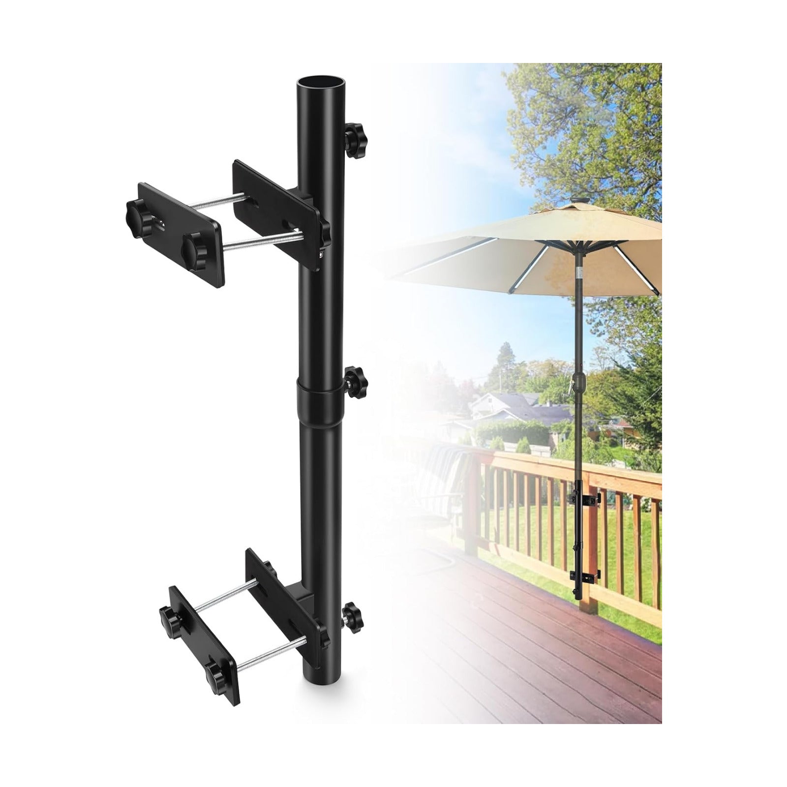 ZZM Patio Umbrella Holder for Deck Railing, Adjustable Deck Umbrella Mount Outdoor, Attachable to Railing Mounting