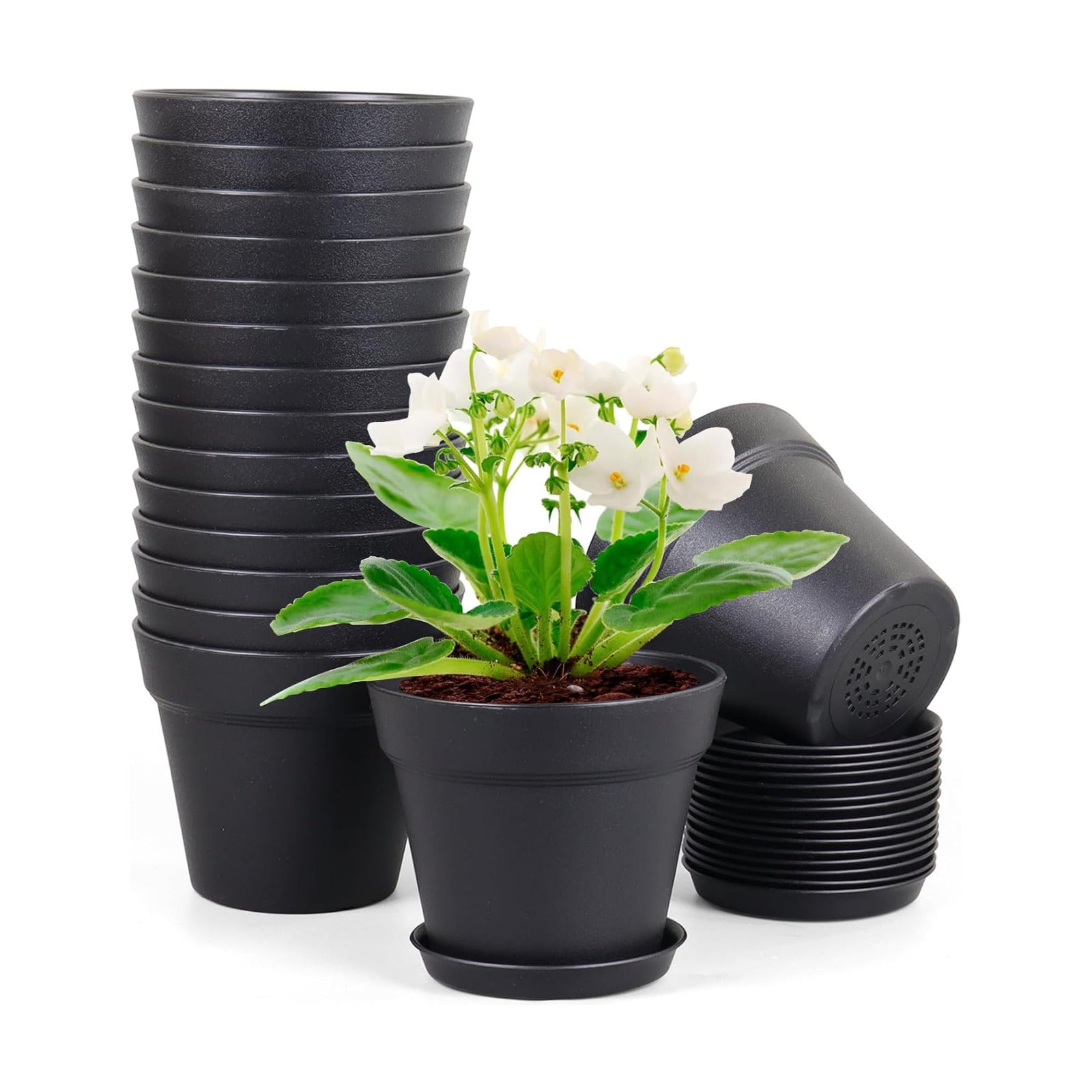 Meowell 6 inch Nursery Pots, 16 Pack Plastic Plant Pots for Indoor Outdoor Plants, Flower Pots with Drainage Holes and