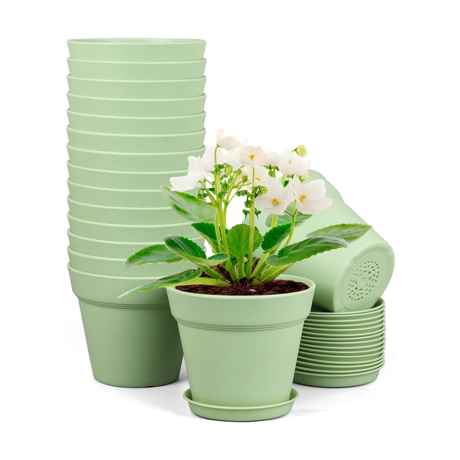 Meowell 6 inch Plastic Nursery Pots, 16 Pack Plant Pots for Small Indoor Outdoor Plants, Flower Pots with Drainage
