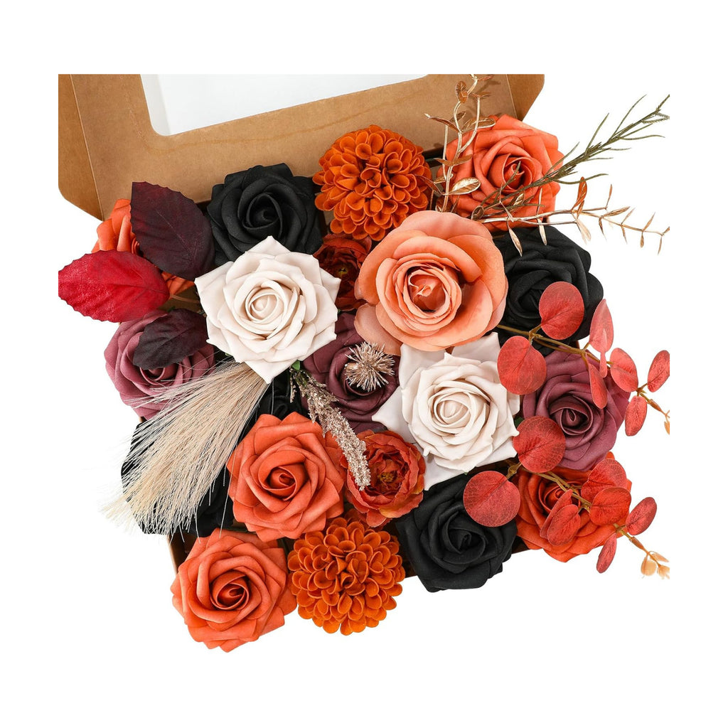 Floweroyal Halloween Artificial Flowers Black Flowers Mix Silk Flowers Fake Roses with Stems for DIY Wedding Bridal Bouquets, Baby Shower, Floral Arrangement, Table Centerpieces, Home Decorations
