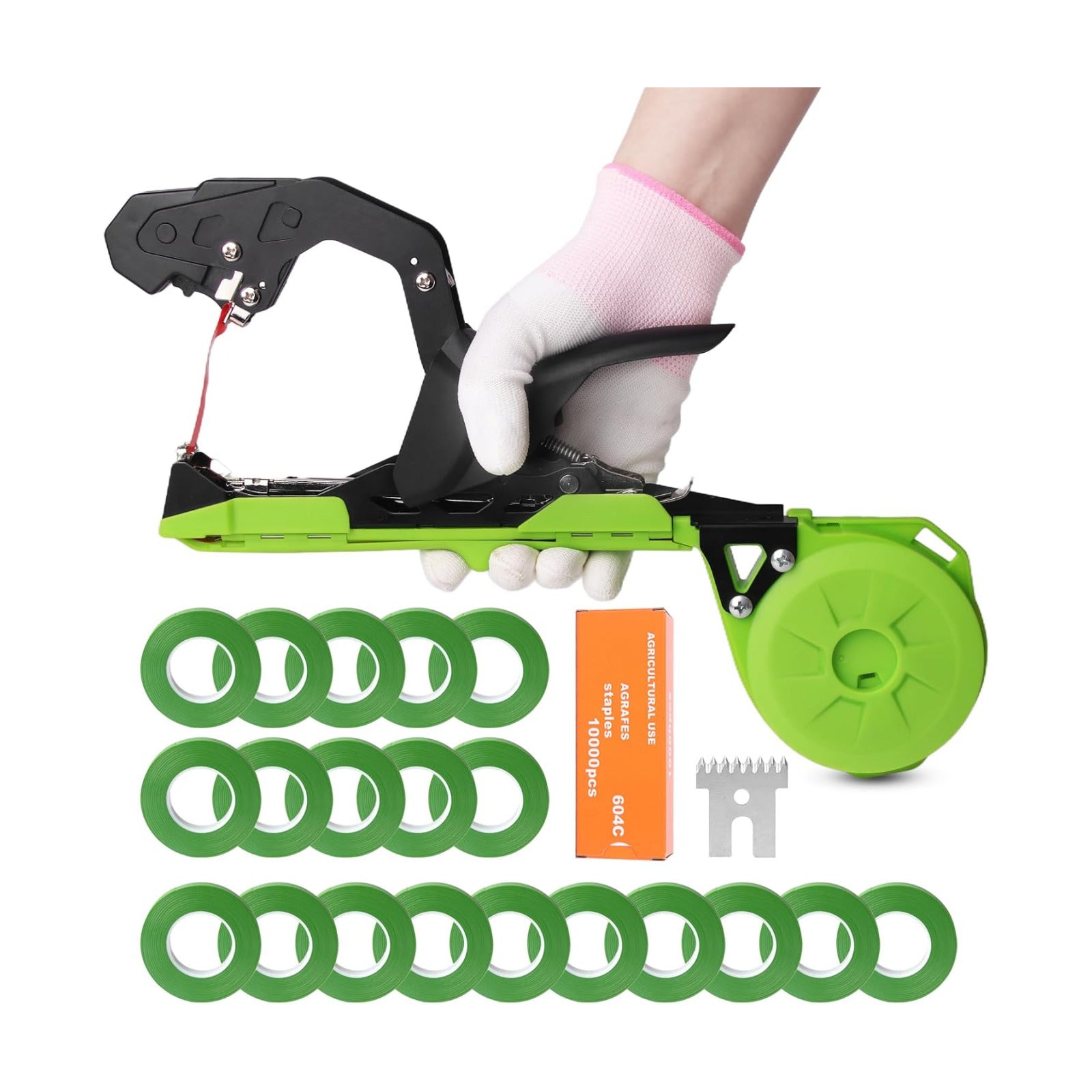Cekegon Plant Tying Machine, 420g Tapener Tying Tool Plant Tying Tool | 20 Rolls Tape 10000pcs Staples Green