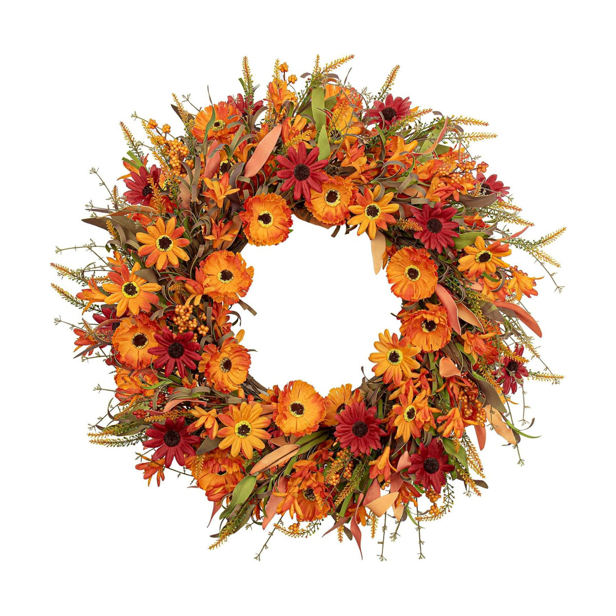 J'FLORU Artificial Fall Wreath 22 Inch Autumn Wreaths for Front Door Orange Daisy Wreath with Wildflowers Berries for Indoor Outdoor Wall Farmhouse Thanksgiving Day Harvest Festival Celebration