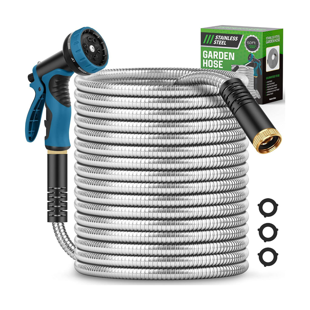 Metal Garden Hose 50FT with 10-Function Nozzle, No-Kink Water Hose | Metal Hoses with Leak-proof Connectors