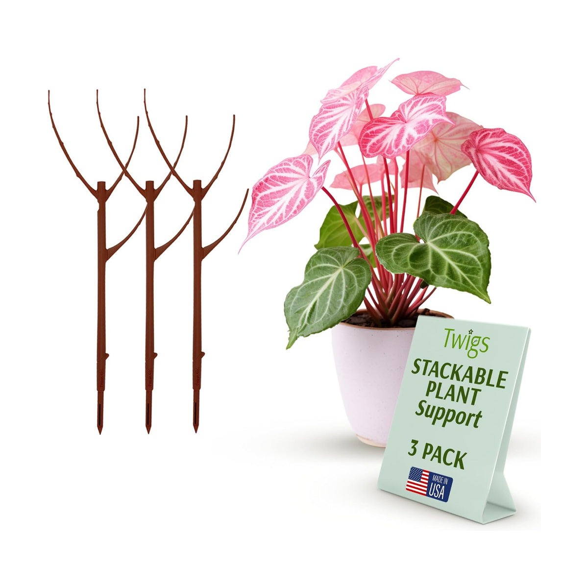 Twigs GA Stackable Plant Support Stakes, Begonia Red, 3-Pack, 17" L