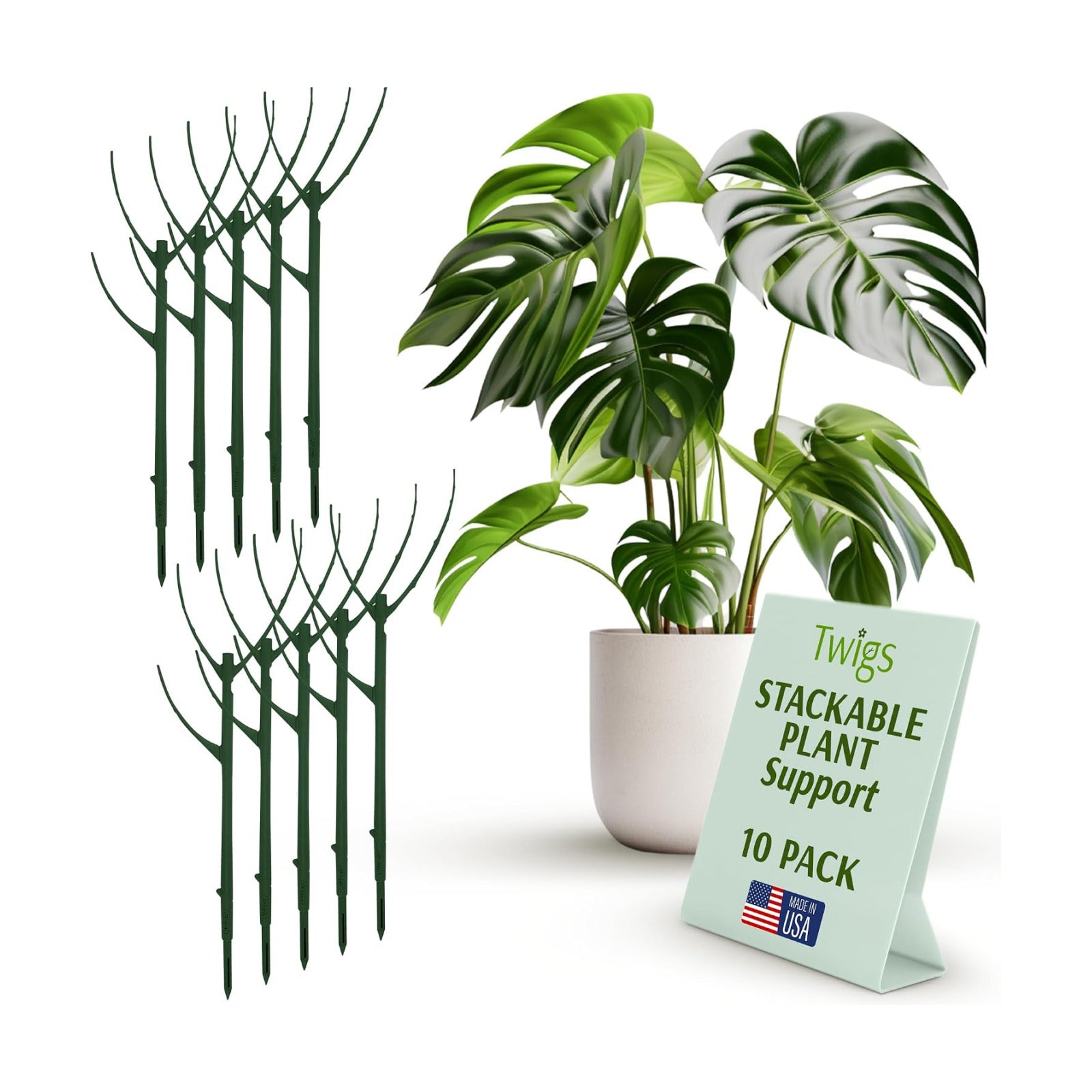 Stackable Monstera Plant Support Stakes, Monstera Dark Green, 10-Pack 17" L | Made in USA, Natural-Looking Stem Support
