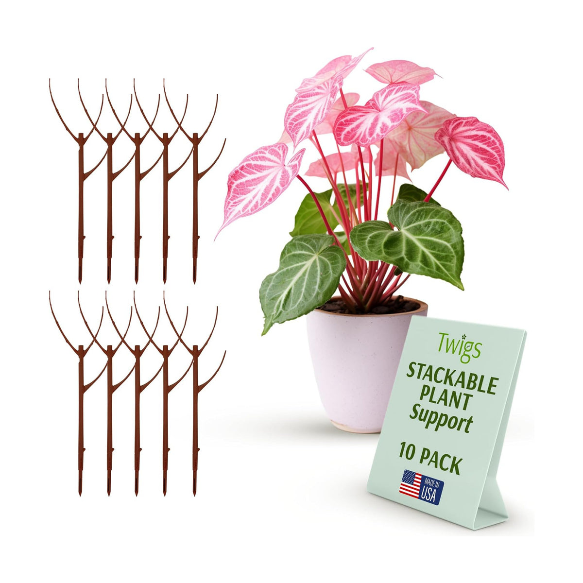 Twigs GA Stackable Plant Support Stakes, Begonia Red, 10-Pack, 17" L