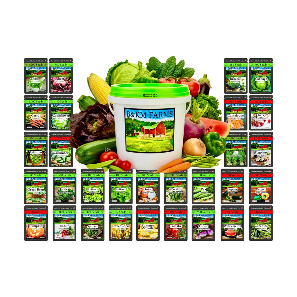 B&KM Farms 22,000+ Non-GMO Heirloom Seed Kit-30 Fruit & Vegetable Variety | Features 5+ year supply of 30 individual