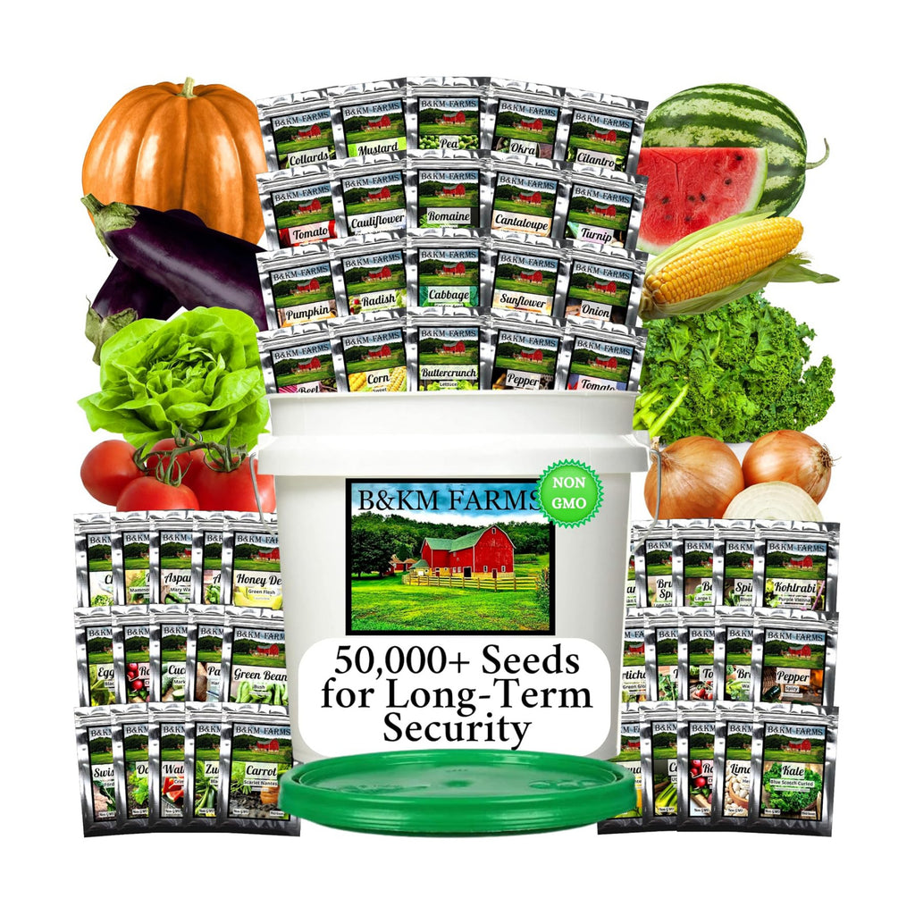 B&KM Farms 50,000+ Non-GMO Heirloom Seed Kit-50 Fruit & Vegetable Variety | Features 5+ year supply of 50 individual