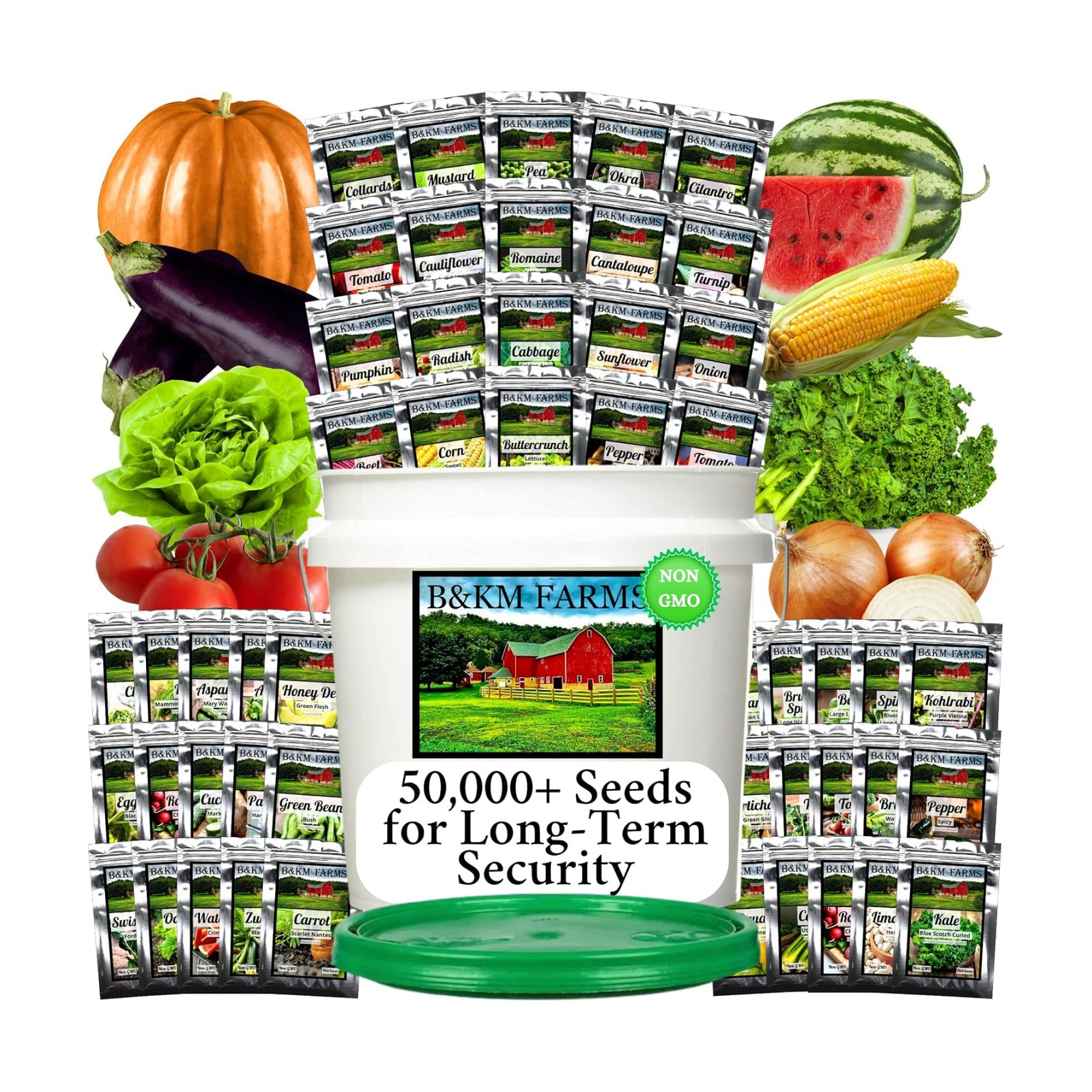 B&KM Farms 50,000+ Non-GMO Heirloom Seed Kit-50 Fruit & Vegetable Variety | Features 5+ year supply of 50 individual