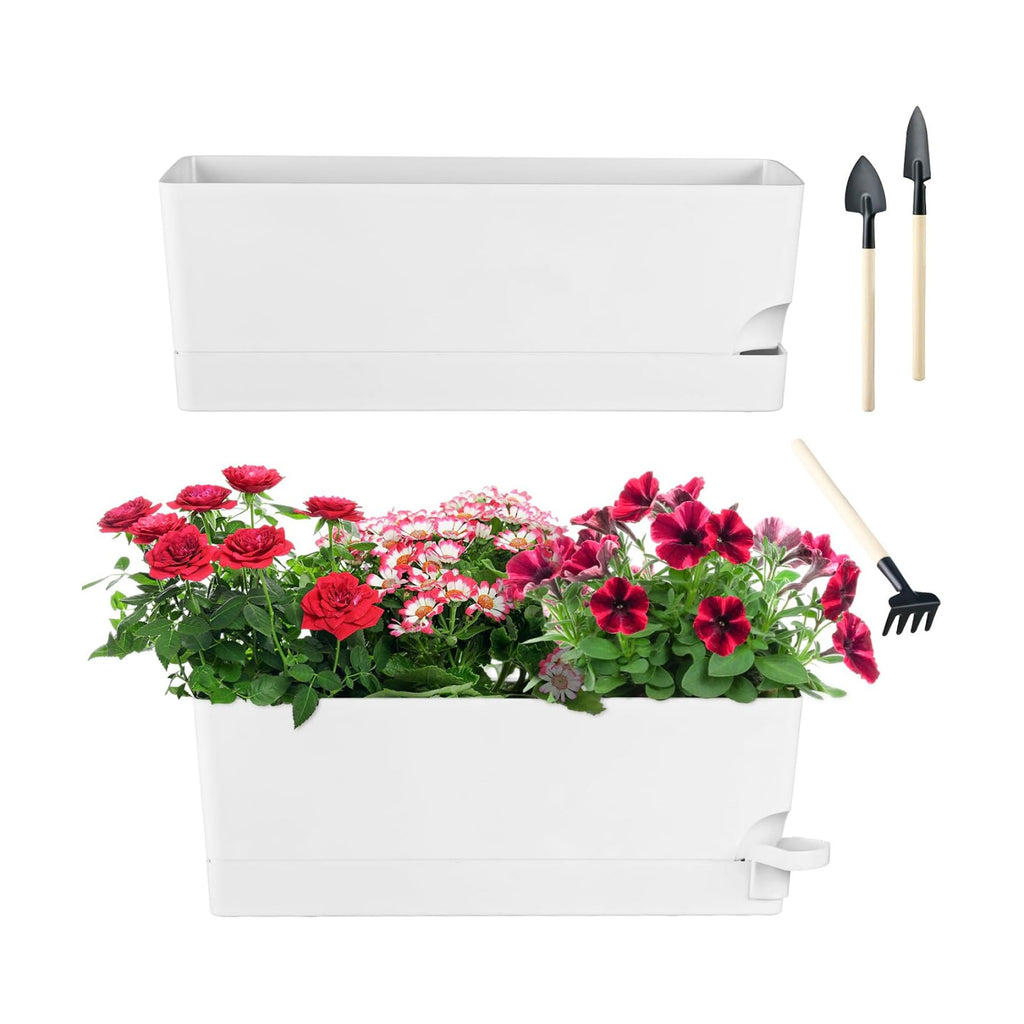 2 Pack Self Watering Pots for Indoor Plants 17 Inches Window Boxes Planters Rectangular Flower Pots Rectangle Herb Pots Large Plant Pots with Drainage Holes and Saucers Windowsill Planter, White