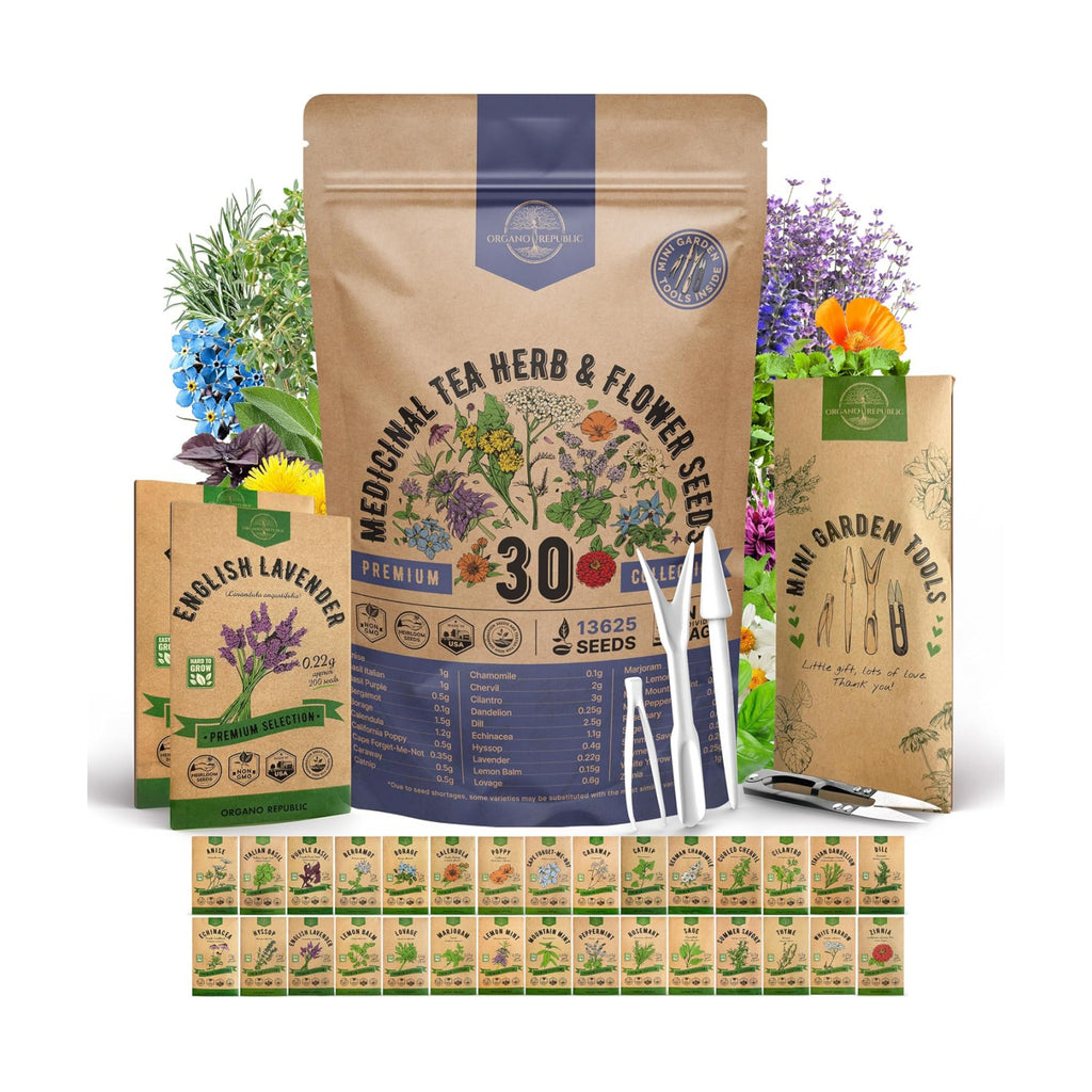 30 Medicinal Tea Herb & Flower Seeds Variety Pack - 13600+ Non-GMO Heirloom Flower Seeds for Outdoor & Indoor Garden