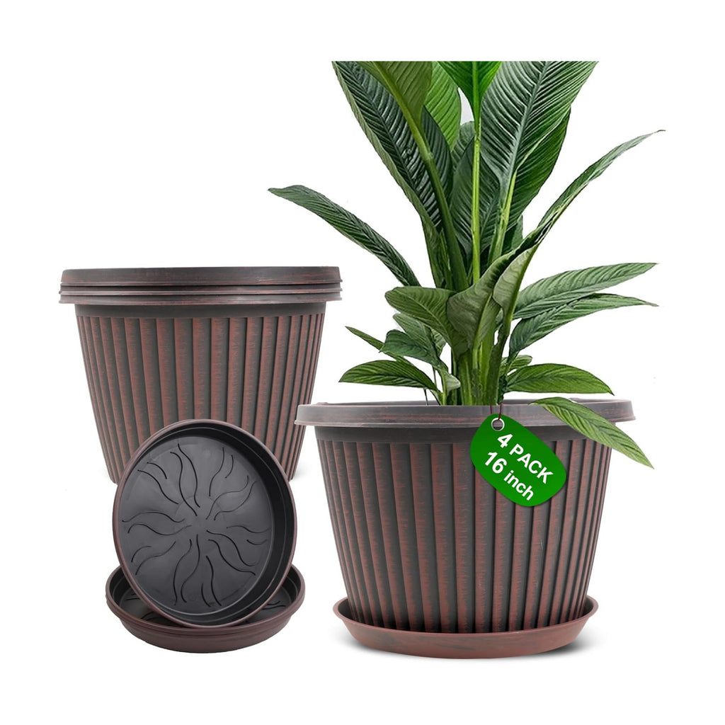 Large-Planter-Indoor-Outdoor Plant Pots, 16 inch 4 Pack Plastic Flower Pots with Saucer And Drainage Holes, Modern
