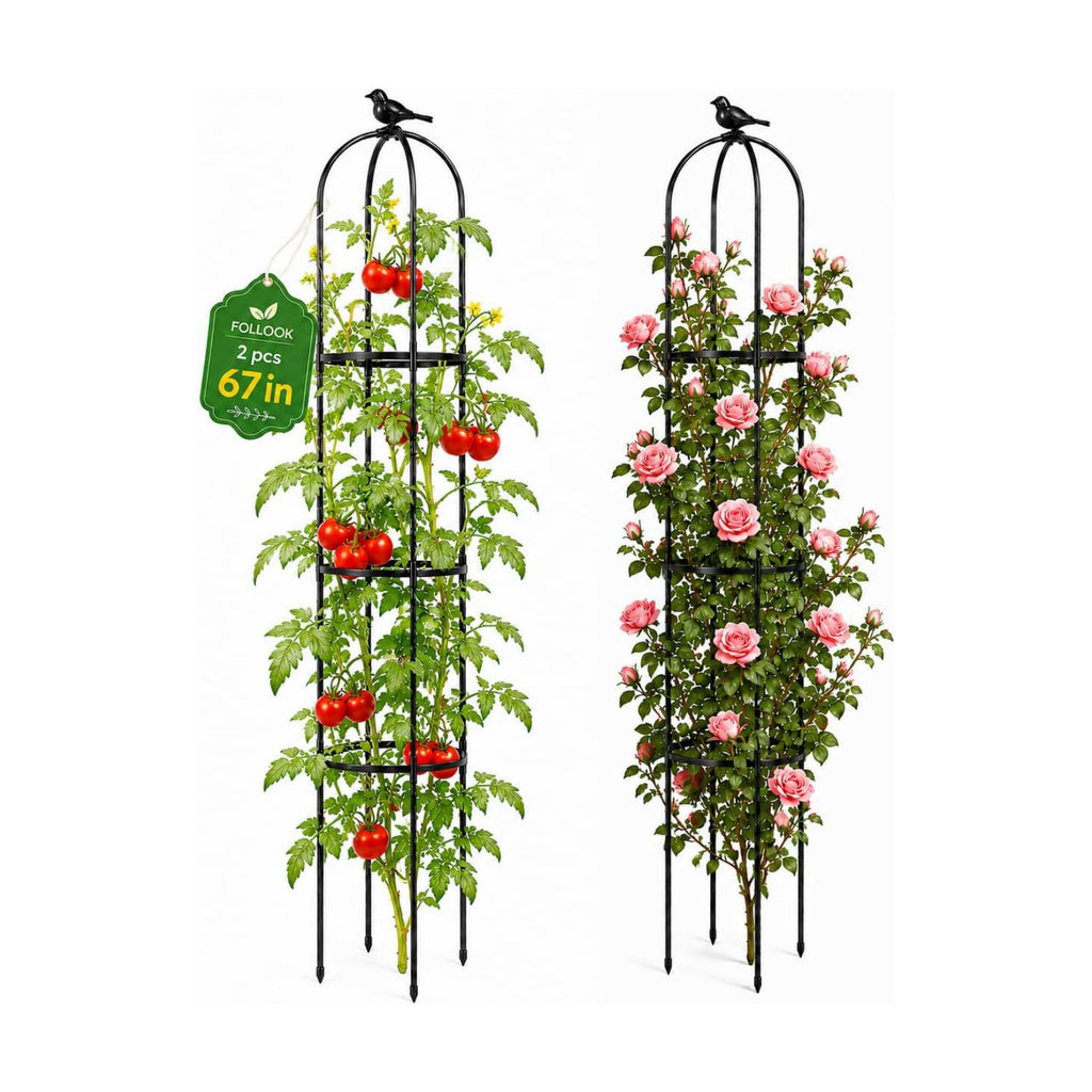 FOLLOOK Garden Obelisk Trellis for Climbing Plants Outdoor, 2 Pack | 67 Inch Lightweight Round Plant Support for Roses