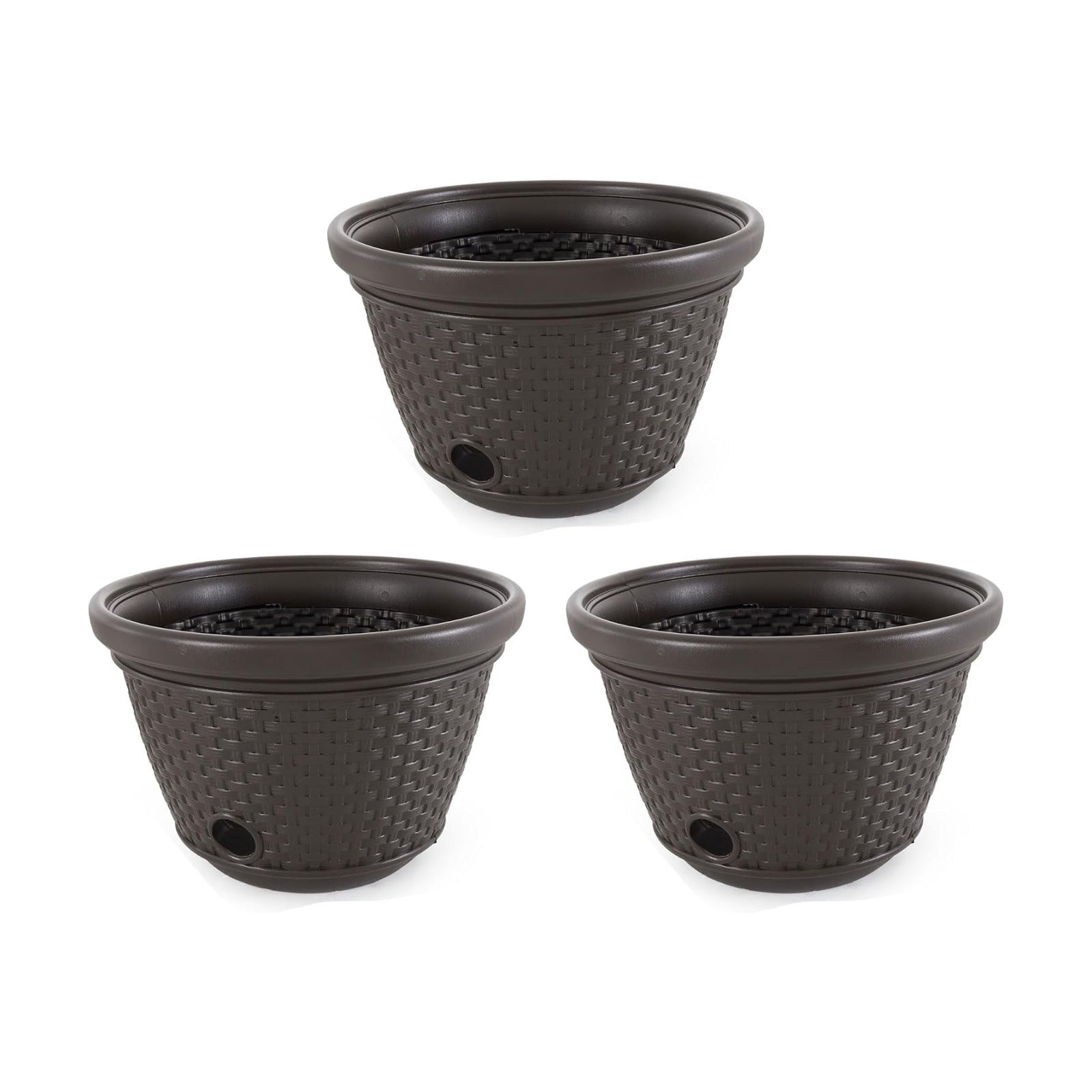 Suncast 3 Pack Decorative Wicker Garden Hose Holder Pot with 4 Drain Holes for 100 Foot Hoses, Java