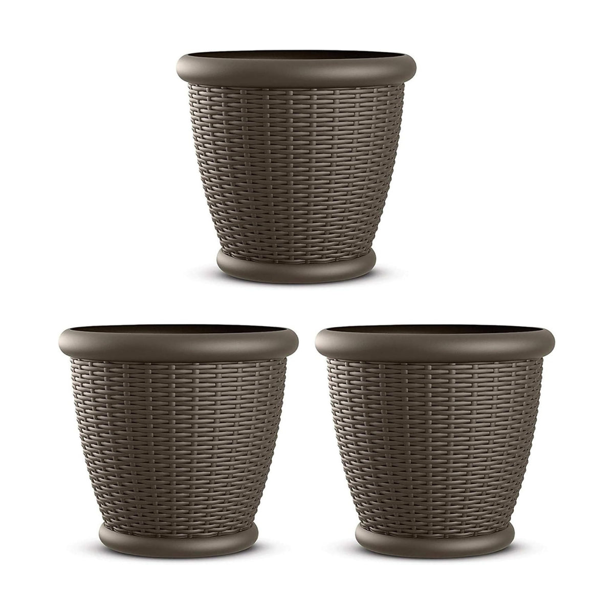 Suncast 3 Pack Wicker Planter w/Drillable Drain Holes, Decorative Indoor/Outdoor Pot, 18in, Java